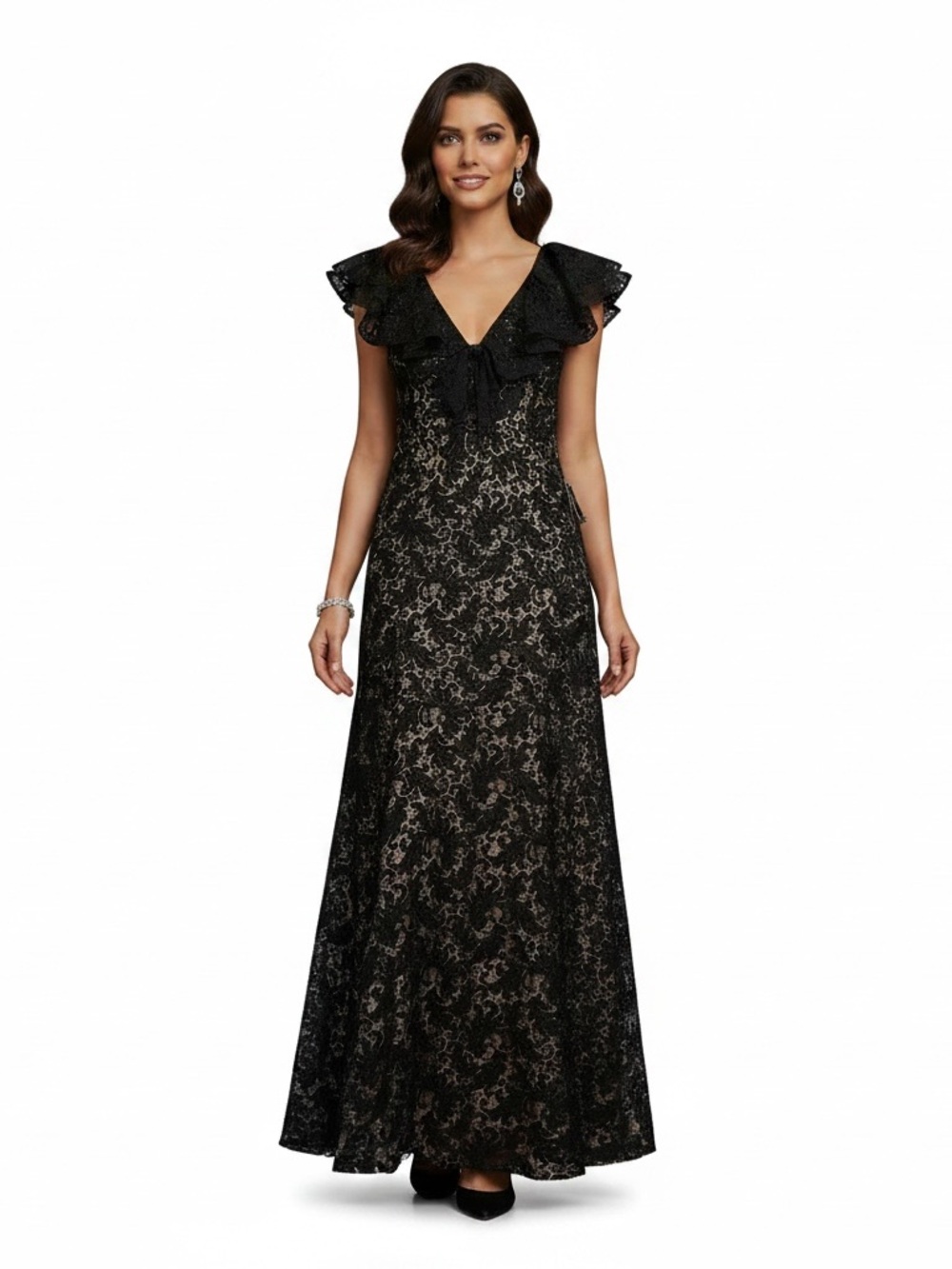 Cooper St. Black Lace Evening Gown with Ruffle V-Neck | NWT